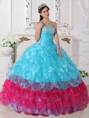 Strapless Aqua Blue and Deep Pink Layers Dress For Quinceanera