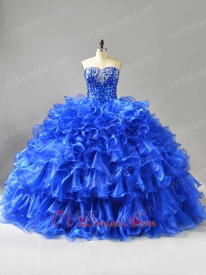Sweetheart Paillette Bodice Layers Curly Ruffles Royal Blue Military Ball Gown Cheap
