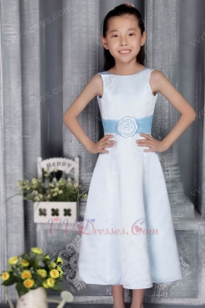 Light Blue Satin A-line Scoop Tea-length Flower Girl Dress With Belt