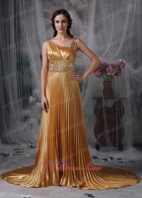 Dark Gold Asymmetrical Neck Ruched Formal Dress Noble Night Club