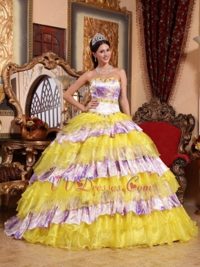 Sweetheart Yellow Organza And Printed Layers Dress Quinceanera