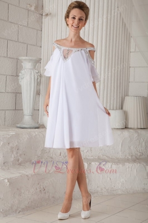 Off Shoulder Knee-length White Chiffon Beaded Prom Short Dress