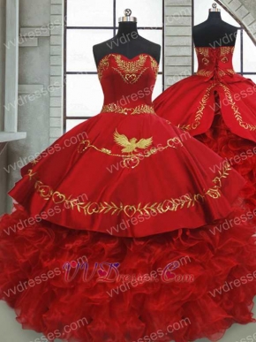 Western Gold Eagle Embroidery Red Quinceanera Gown With Thick Organza Ruffles