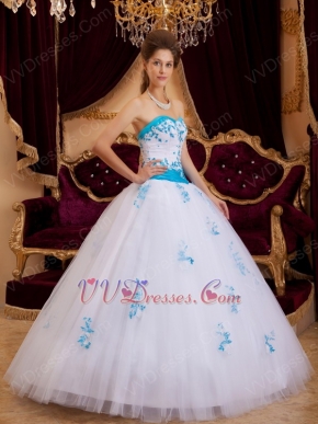 Elegant Trimed White Prom Ball Gown With Azure Blue Applique