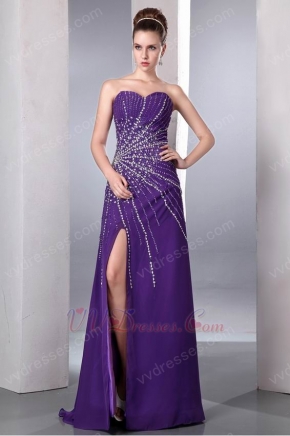 Sexy Beading Emberllish Eggplant Long Split Skirt Prom Dress