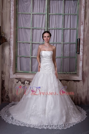 Gorgeous Strapless Taffeta and Lace Appliques Wedding Dress Chapel Train Low Price