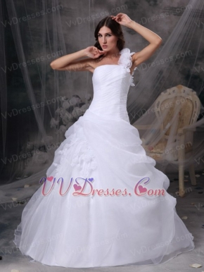 One Shoulder White Wedding Dress With Handmade Flowers Low Price