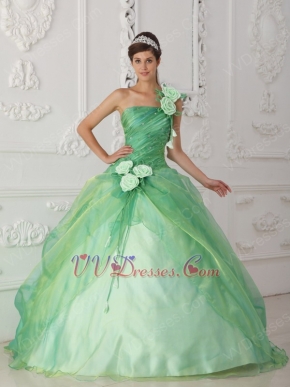 Single Shoulder Apple Green Prom Gown With Hand Made Flowers