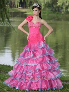 One Shoulder Lovely Style Fuchsia and Blue Alternate Layers Prom Dress