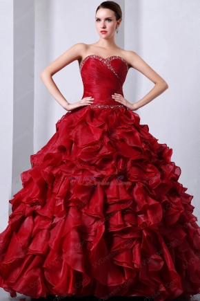 Puffy Cascade Ruffle Skirt Wine Red Organza La Quincea