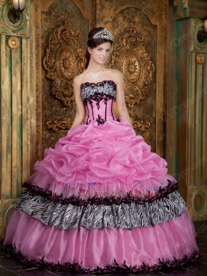 Pink Strapless Picks-Up Bubble Layers Quinceanera Dress With Zebra
