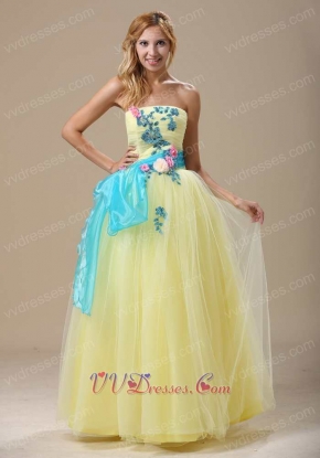 Pretty Light Yellow Tulle A-line Prom Dress With Aqua Waist Ribbon
