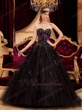 Black Tulle Appliqued Quinceanera Dress With Purple Emberllish