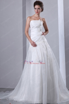 Side Handcrafted Flowers White Organza Church Wedding Gown