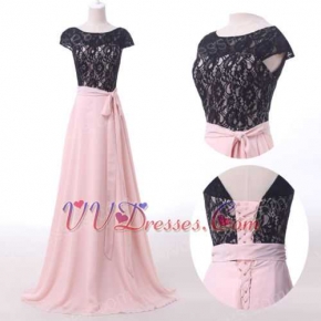 Dignified Pink Chiffon Long Pageant Dress Black Lace With Ribbon