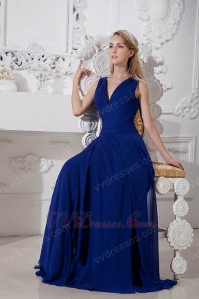 Good Looking V-Neck Royal Blue Chiffon Prom Dress With Side Drapping