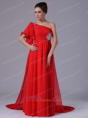 Red Chiffon Single Shoulder Trumpet Ruffle Sleeve Prom Dress For Sale