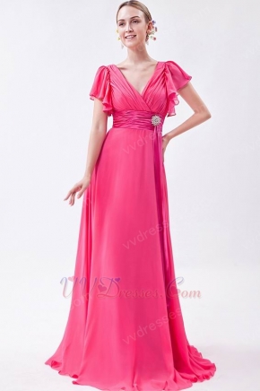 Modest Ruched Short Sleeves Draped Rose Pink Chiffon Prom Dress