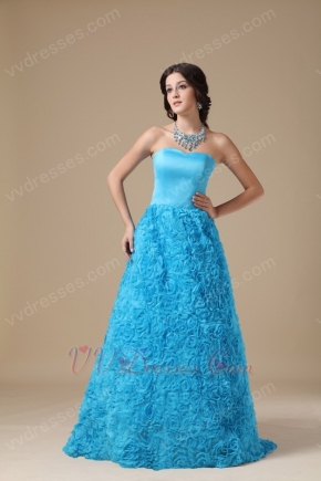 Strapless Rolled Fabric Flower Dodger Blue Prom Dress Cheap