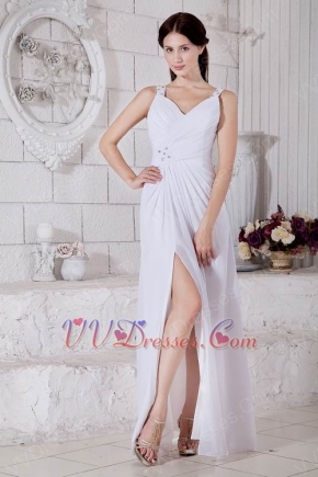 Straps White Chiffon Formal Evening Dress With Side Slit