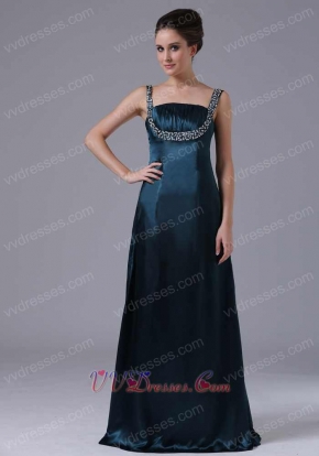 Two Straps Silver Beading Floor-length Prom Dress Dark Navy Green