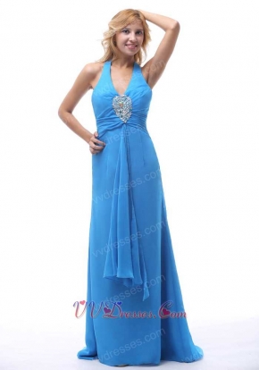 Stylish Sky Blue Halter Brush Train Inexpensive Prom Dress Girl Loved