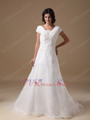 Modest V-neck White Organza Church Wedding Dress Discount