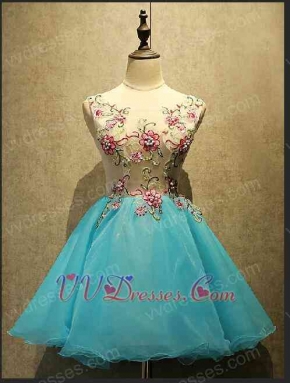 Aqua Scoop Mini Length Homecoming Dress With Wintersweet Appliques