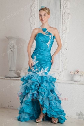 One Shoulder Appliques High Low Mermaid Blue Evening Dress