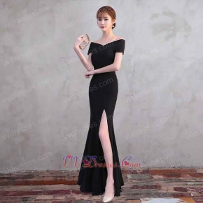 Portrait Close-fitting Sexy Slit Evening Dress Black Made By Spandex
