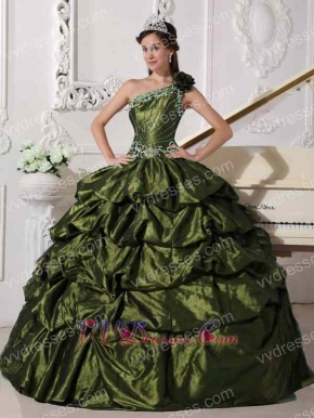 Olive Green One Shoulder Taffeta Pick-ups Skirt Quinceanera Dress Vintage