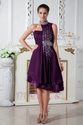 Unique Halter Colored Crystals Grape Short Evening Dress