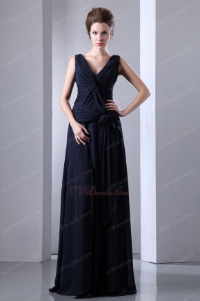 V Neck Criss Cross Navy Blue Chiffon Evening Dress