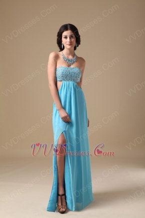 Beaded Exposed Aqua Chiffon Prom Dress With Show Leg Split