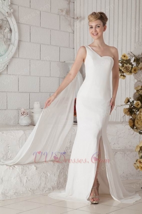 Elegant One Shoulder Watteau Ivory Chiffon Prom Dress With Split