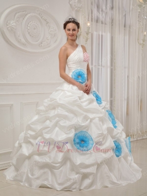 Single One Shoulder Ivory Quinceanera Dress With Aqua Flower