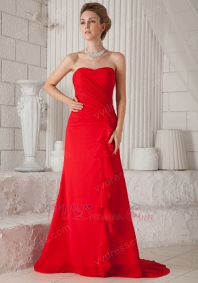 Strapless Upper Part A-line Ruffle Skirt Red Chiffon Prom Dress