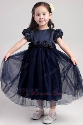 Navy Blue Princess Scoop Tea-length Taffeta Flower Girl Dress With Flower