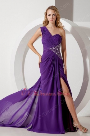 One Shoulder Panel Purple Chiffon With Split Prom Dresses Beautiful