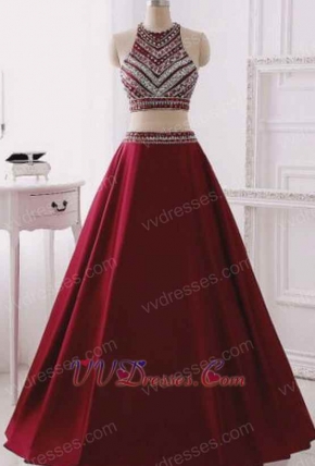 Pretty Burgundy Halter Floor Length Social Evening Dress Two Pieces