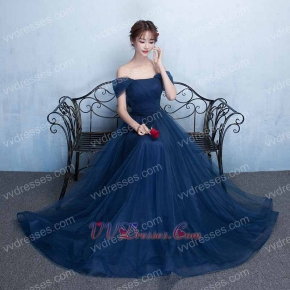 Off Shoulder Navy Formfitting Bridesmaid Long Dress With Back Bowknot