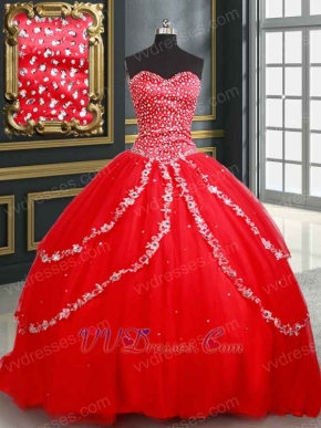 Symmetrical Applique Edge Cover Layers Red Corset Quinceanera Ball Gown Little Train