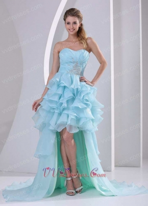 High-low Design Ruffles Light Blue Carnival Prom Gowns With Brush Train