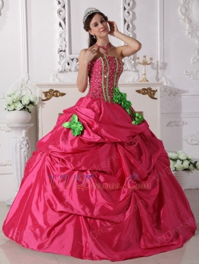 Beaded Deep Pink Quinceanera Gown With Spring Green Hand Made Flowers