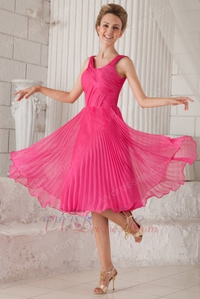 Straps Tea-length Hot Pink Mother Of The Bride Dress