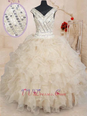 Website Online Safety Champagne Organza Quinceanera Gown Fully Beadwork V-Neck Bodice