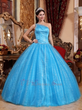 Single Shoulder Dodger Blue Tulle Military Quinceanera Dress