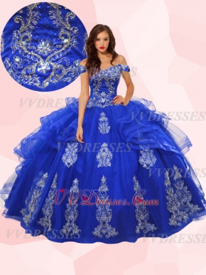 Latin & Mexico Girl Womanhood Ceremony Quince Ball Gown Royal Blue Off Shoulder Tulle Ruffles