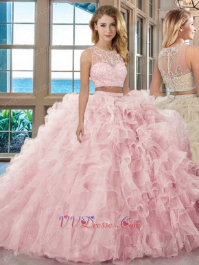 Separated Top Bottom Two Pieces Set Pink Organza and Sparkle Mesh Quinceanera Ball Gown