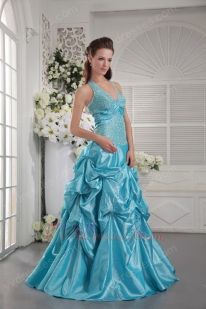 Halter Beaded Picks-up Aqua Blue Prom Ball Gown With Applique